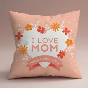 Funda de cojín Día de la Madre cuadrada rosa melocotón con estampado corazón y flores.