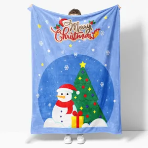 Christmas fleece blanket cozy warm throw for bed couch holiday home decor cute snowman design