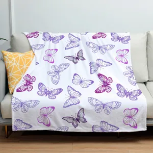 Purple butterfly flannel blanket detail, cozy fleece throw for bed, couch or car travel.