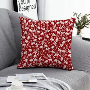 Red floral throw pillow cover detail view, beautiful botanical cushion case for sofa decor.