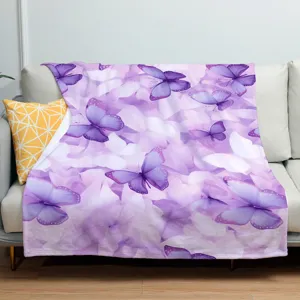 Purple butterfly flannel blanket detail view, soft couch throw for bedroom and living room.