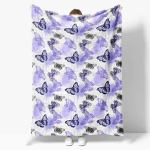 Purple butterfly pattern flannel blanket for all seasons, soft bedroom throw for home use.