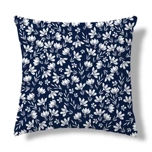 Dark blue botanical floral throw pillow cover, fresh flower print decorative cushion case.