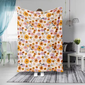 Retro Blumen Flanell Decke Detail, weiche kuschelige Wohndecke mit Vintage Gänseblümchen Muster.