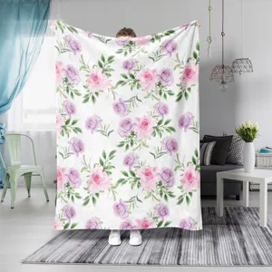 Rosa Blumen Flanell Decke Detailansicht, weiche Kuscheldecke fur Schlafzimmer und Wohnzimmer.