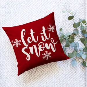 Christmas red throw pillowcase, square cushion cover with snow text and snowflakes decor.