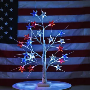 July 4th LED birch tree light with red white blue stars, battery operated detail view.
