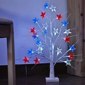 4th of July LED birch tree light with red white and blue star ornaments for holiday decor
