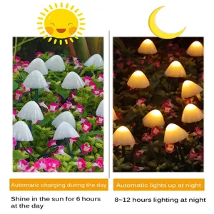 Detail view of solar LED mushroom string lights glowing at night and charging in daylight.