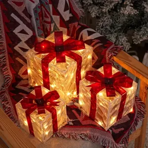 Beleuchtete Weihnachtsgeschenkboxen 3er-Set mit roten Schleifen, leuchtende Festtagsdeko.