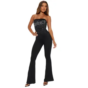Mono negro sin tirantes strass letra estampado sexy corte slim pantalón acampanado