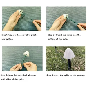 Detailed installation guide for solar mushroom string lights, step-by-step assembly views.