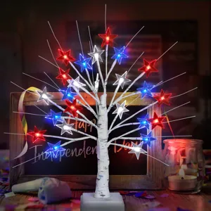 Independence Day birch tree light with red white blue LED stars battery operated.