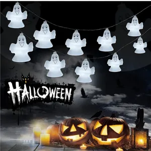 Catena luminosa LED fantasma Halloween vista dettaglio, ideale per feste e decorazione cortile.