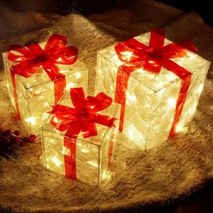 Weihnachten beleuchtete geschenkboxen 3er set leuchtende feiertagsdeko mit roten schleifen