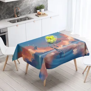 Vista detallada del mantel de poliéster impermeable con estampado de ballenas de anime nocturno.