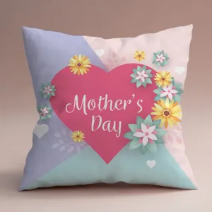 Vista detallada de una funda de cojín festiva con estampado floral y del día de la madre.