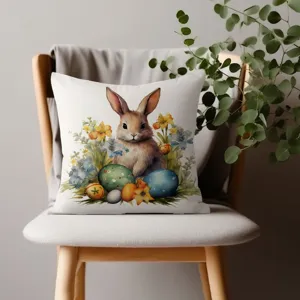 Funda cojín conejito Pascua detalle, diseño floral acuarela lindo para sofá decoración.