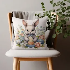 Funda de cojín de Pascua con bonito conejito de acuarela y diseño floral para sofá.