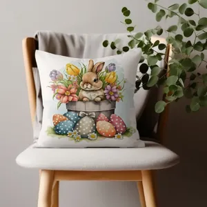 Funda de cojín de Pascua con bonito conejo de acuarela y huevos para el sofá.