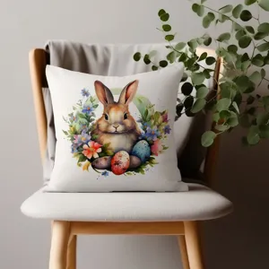Funda de cojín de conejo de Pascua lindo acuarela flores huevos para sofá sala