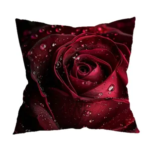 Funda de cojin cuadrada con impresion de rosa roja y gotas de agua para sofa cama