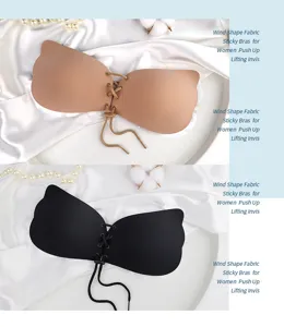 Detail view of seamless sticky push-up bra with lace-up front, smooth nude and black finish.