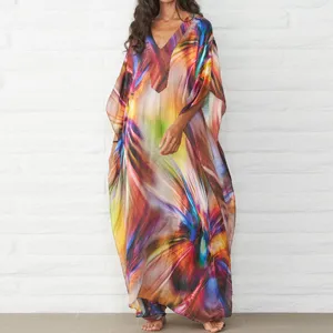 Abito Lungo da Spiaggia con Stampa Floreale da Donna Scollo a V Manica a Pipistrello Protezione Solare Largo Vacanza Maxi Abito