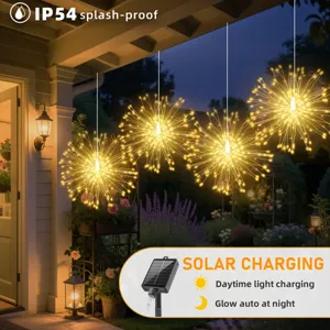 Detailed view of hanging solar firework lights glowing warmly on a porch with waterproof IP54 design.