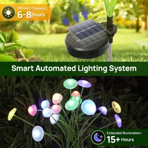 Solar powered garden light detail showing colorful glowing LED mushrooms and efficient solar panel.