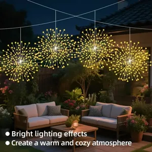 Solar LED firework string lights for outdoor garden, hanging dandelion copper wire lighting.