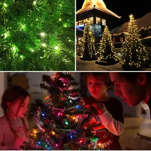 LED fairy string lights detail close-up and holiday outdoor decoration tree lighting setup.