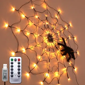 Halloween LED spider web string lights with remote control and USB plug for party decor.