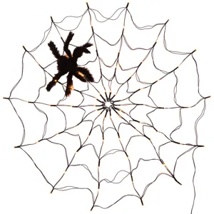 Halloween LED spider web string lights with plush spider decoration for party decor.