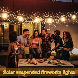 Outdoor solar firework lights scene detail, hanging copper wire fairy lights for party decor.