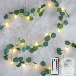 Guirnalda de luces LED de hojas de eucalipto artificiales con control remoto para hogar.