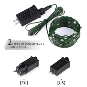 Outdoor waterproof LED string lights with green wire and plug adapter for Christmas decor.
