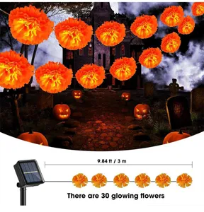 Solar LED marigold string lights for Halloween holiday decoration and festival ambiance.
