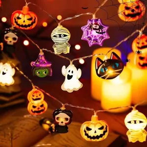Halloween LED string lights featuring cute pumpkins, ghosts, mummies, and black cats for party decor.