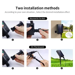 Guida all'installazione di stringa di luci LED solari con supporto a parete e picchetto.