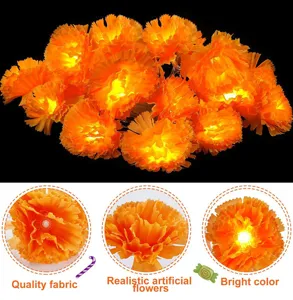 Solar LED marigold string lights Halloween artificial flower decor for party lighting.