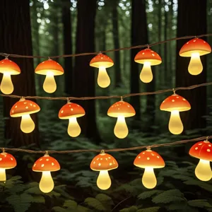 Detailed close-up of glowing LED mushroom string lights creating a warm cozy ambient forest night.