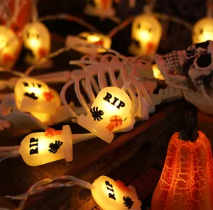 Αποκριάτικα φωτάκια LED Halloween με μενταγιόν ταφόπλακας, τρομακτική διακόσμηση κρανίου.