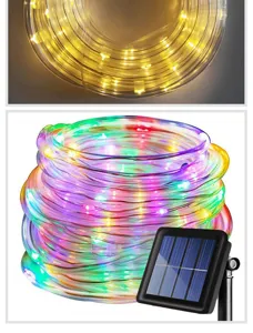 Detailansicht der Solar LED Schlauchleuchte mit warmem und buntem Licht fur Garten Deko.
