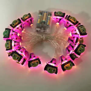 Halloween LED witch hat string lights with pink glow, battery operated party decor.