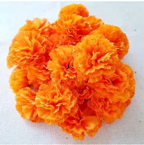 Orange artificial marigold flower heads for DIY decoration, wedding party, Halloween festive supply.