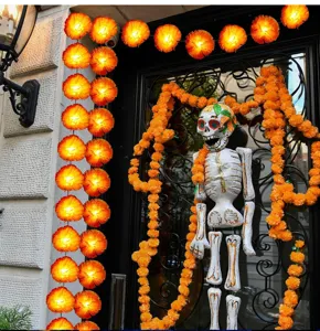 Detailed view of solar LED marigold flower string lights for Halloween party and yard decor.