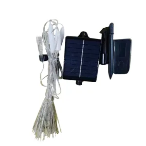 Solar powered copper wire string lights with solar panel and remote control for festival decor.