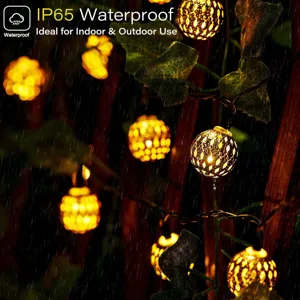 Moroccan style decorative solar led string lights detail, waterproof outdoor night lighting.
