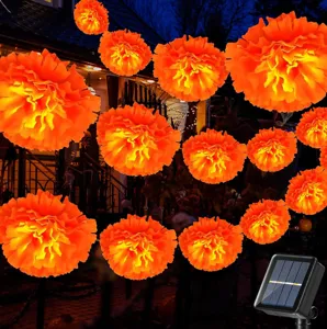 Solar LED flower string lights marigold dahlia decorative lighting for outdoor Halloween party.